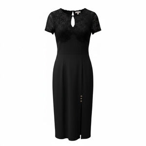 Veronica Dress Womens L Black Lace Floral Sheath Midi Keyhole Embroidered